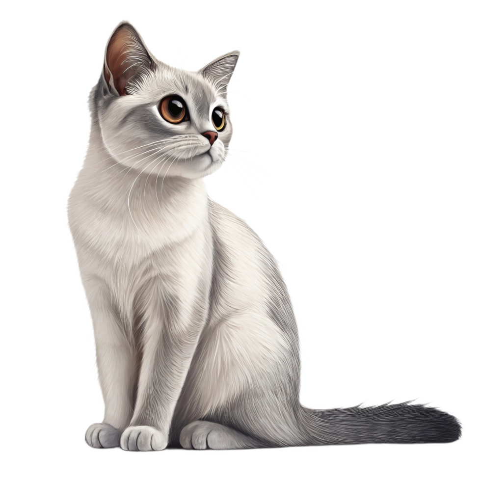 Elegant, realistic illustration of domestic cat with sleek, short coat and striking amber eyes, sitting gracefully with calm and curious expression, showcasing modern minimalist style png