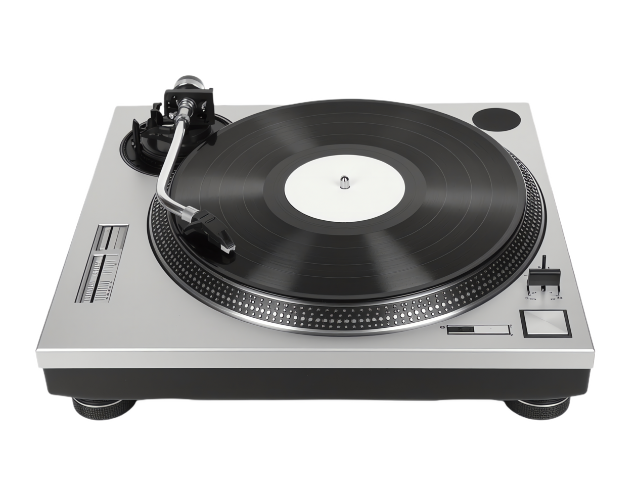 Vintage style turntable with black vinyl record on silver base, featuring tonearm and stylus, control buttons, and sleek modern design, perfect for music enthusiasts and DJs png