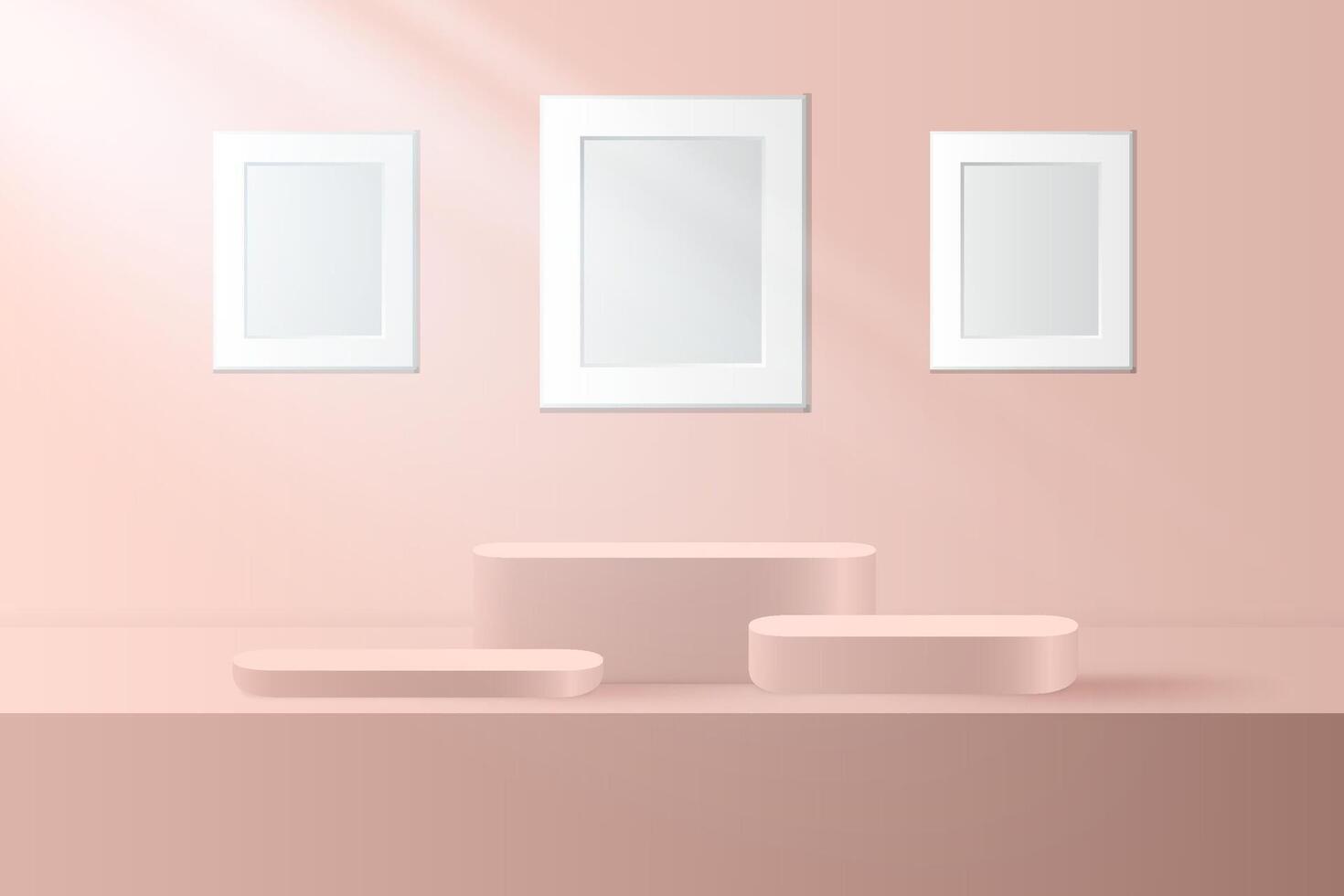 Abstract 3D pink gold podium with white frame background. Modern minimalist mockup for product display presentation. vector