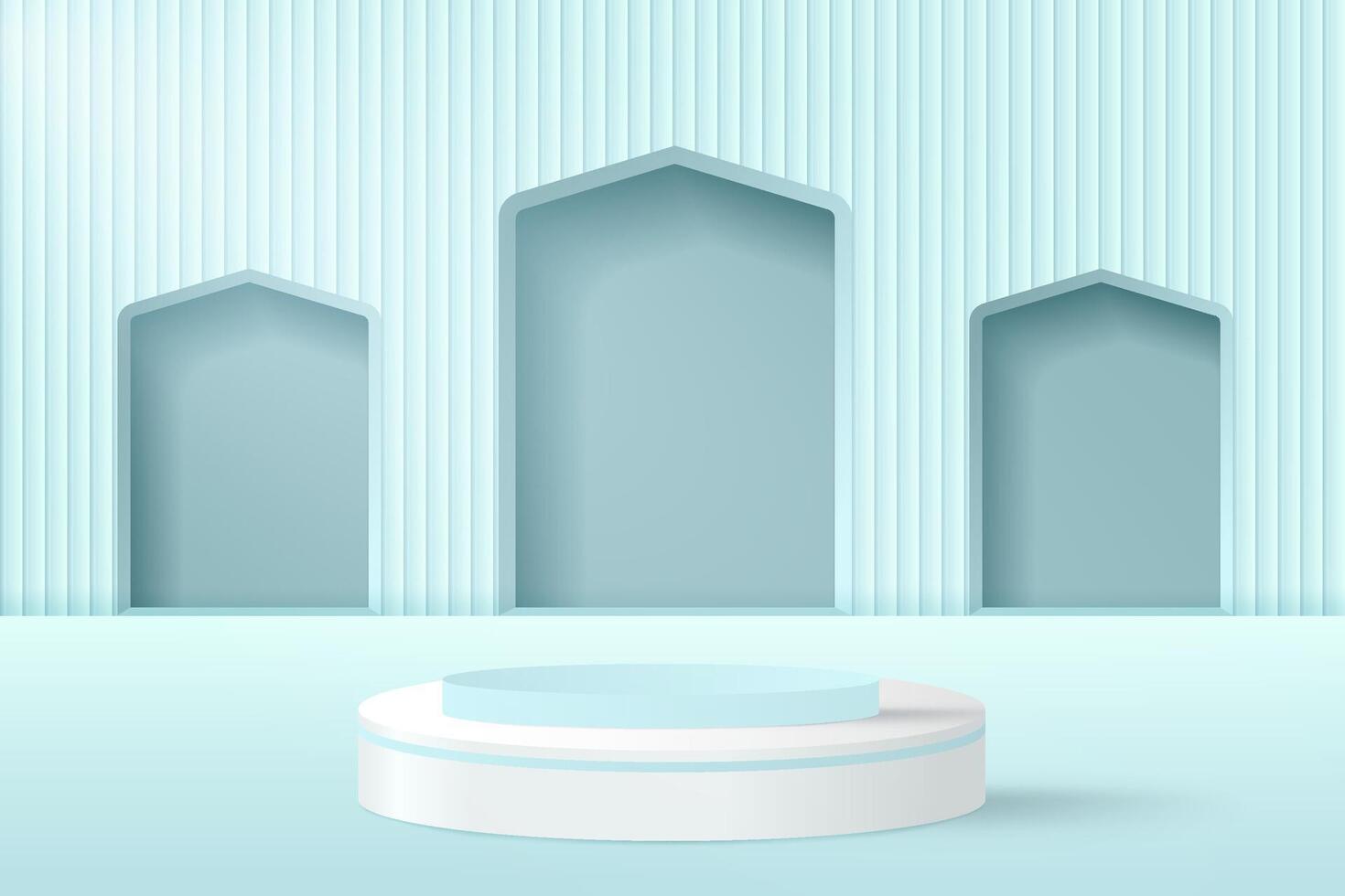 Blue showcase with arches and podium. vector