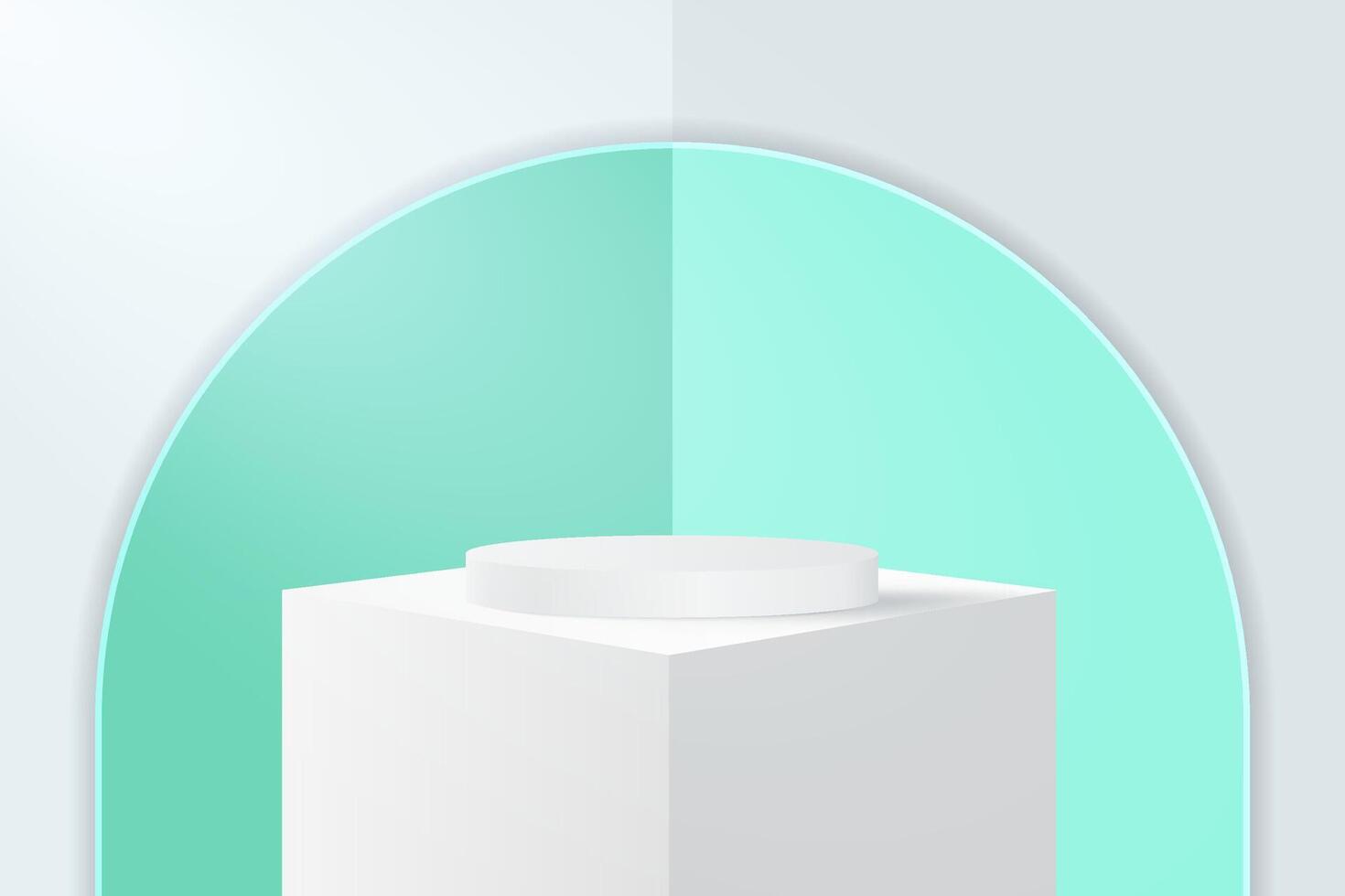 Abstract 3D white and green podium background. Modern minimalist mockup for product display presentation. Realistic white cylinder pedestal podium. vector