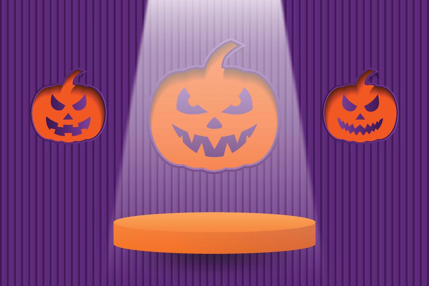 Halloween product podium step floating on the wall banner. Scary pumpkin decoration with spot light on purple background. Abstract 3D promotion mockup podium. vector