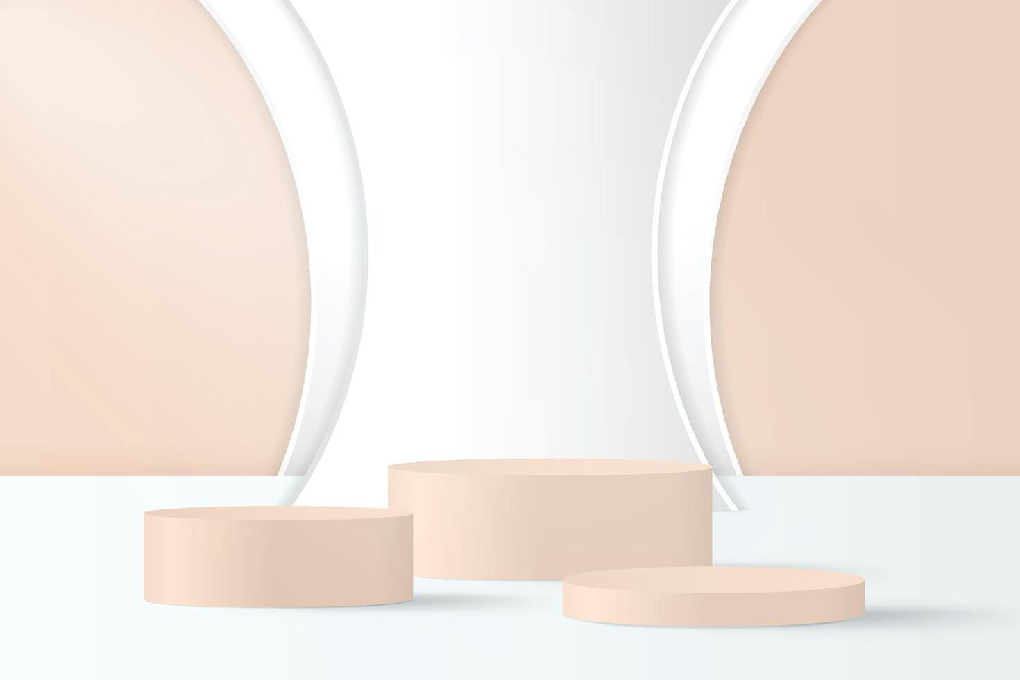 Abstract 3D beige podium background. Modern minimalist mockup for product display presentation. Realistic beige cylinder pedestal podium. Geometric stage showcase with copy space. vector