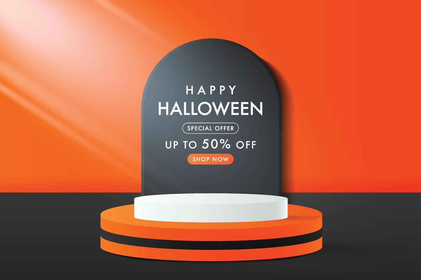 Halloween promotion display banner. Black gravestone on orange background. Abstract 3D promotion mockup podium. vector