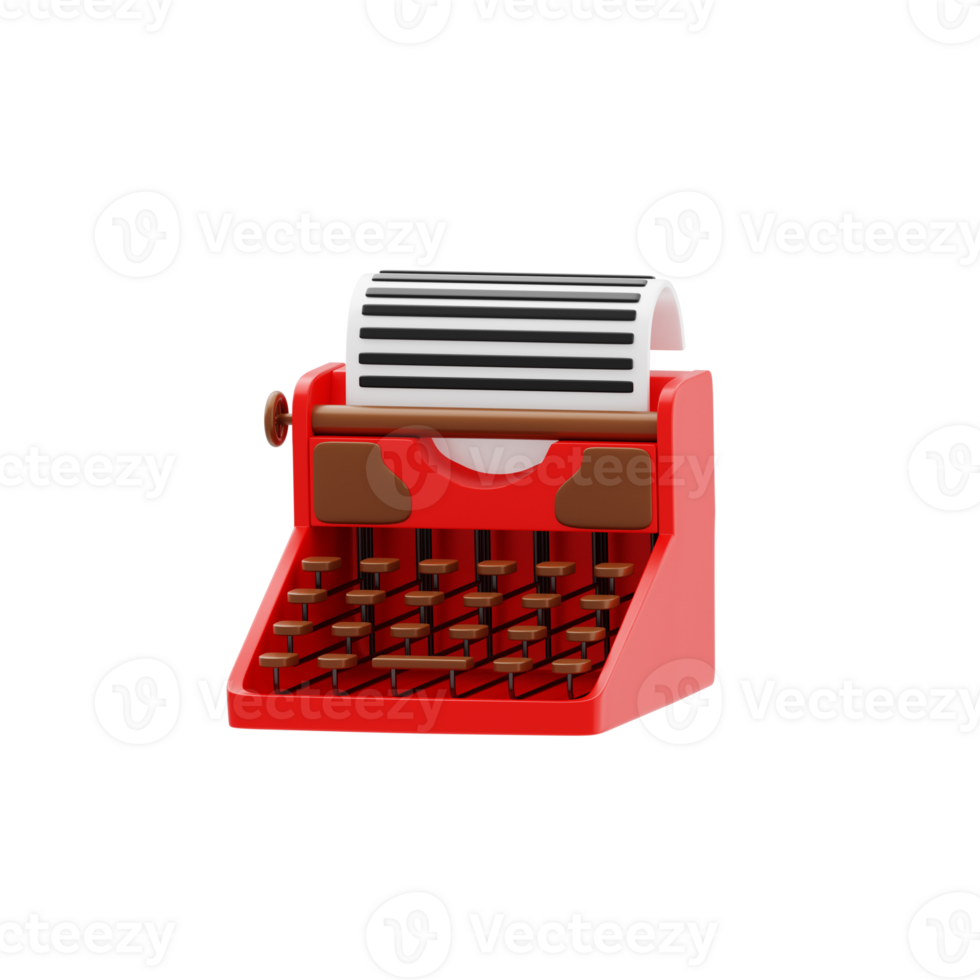 Typewriter 3d icon. Classic red typewriter with paper png