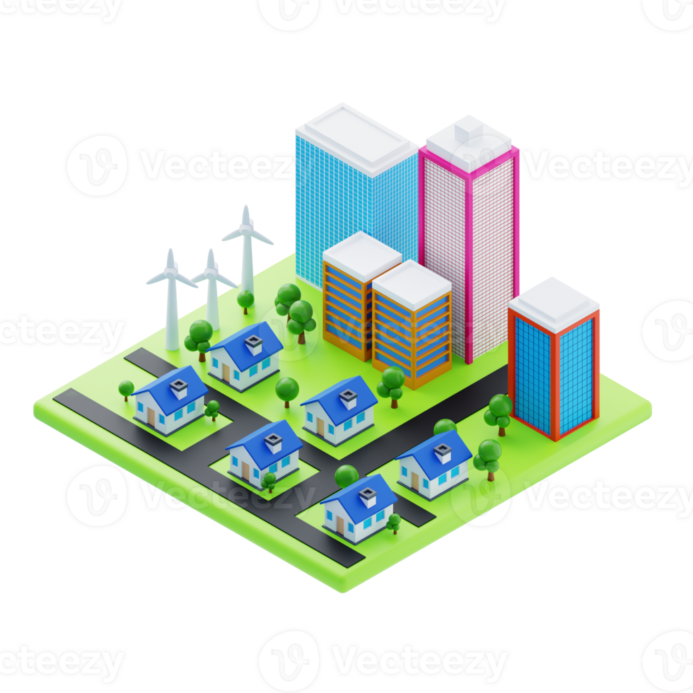 Isometric city with homes and towers. 3d illustration of city with homes and towers png