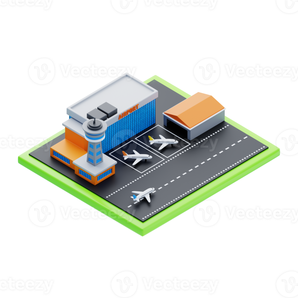 Isometric airport with planes and tower. 3d illustration of airport with planes and tower png