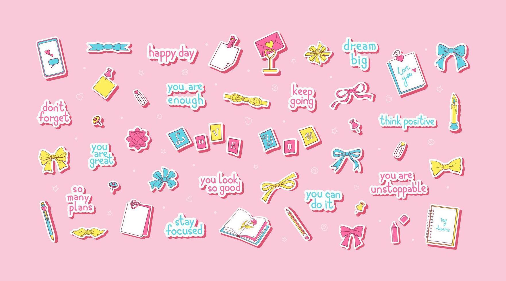 Love notes and bows, cute stickers vector