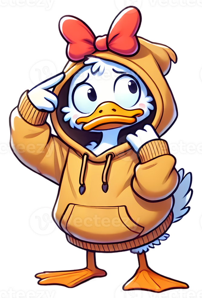 Cute Cartoon Duck in Hoodie with Bow - Thinking Expression Character Art png