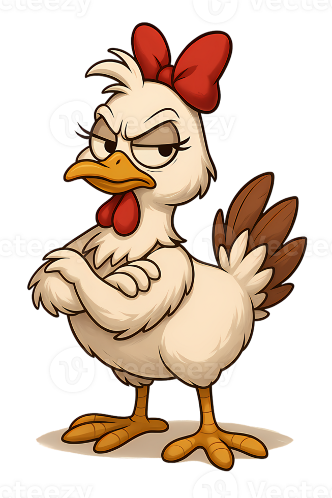 Sassy Cartoon Hen with Red Bow - Grumpy Chicken Character with Attitude png