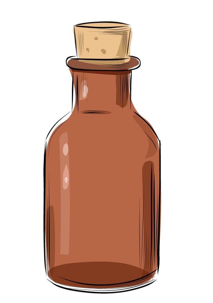 Brown glass bottle with cork stopper sketch vector