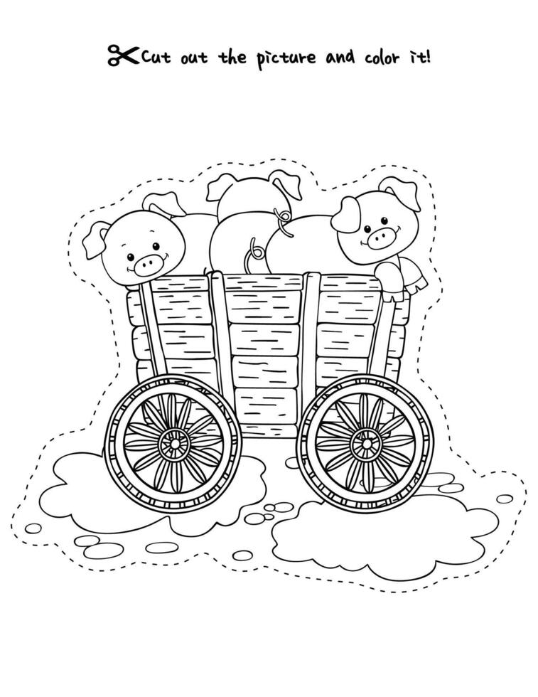 Cute Pigs in a Wagon Coloring Activity vector