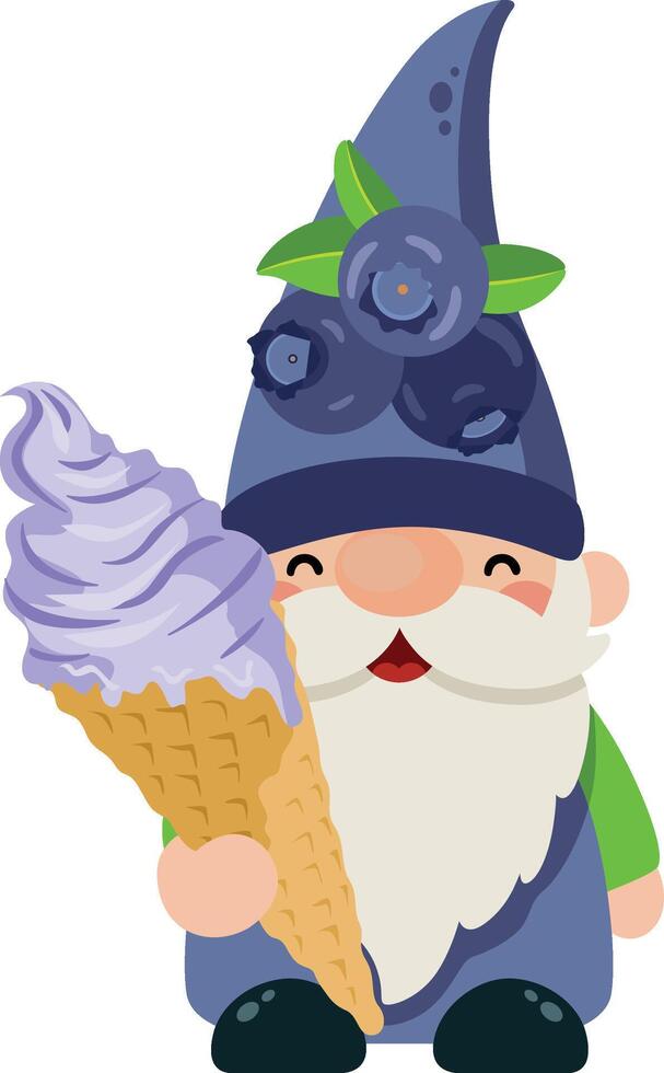 Cute Gnome Enjoying a Delicious Blueberry Ice Cream vector