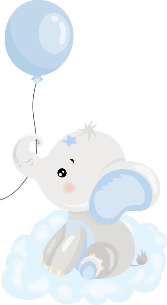 Cute Baby Elephant Sitting on Clouds with Balloon vector