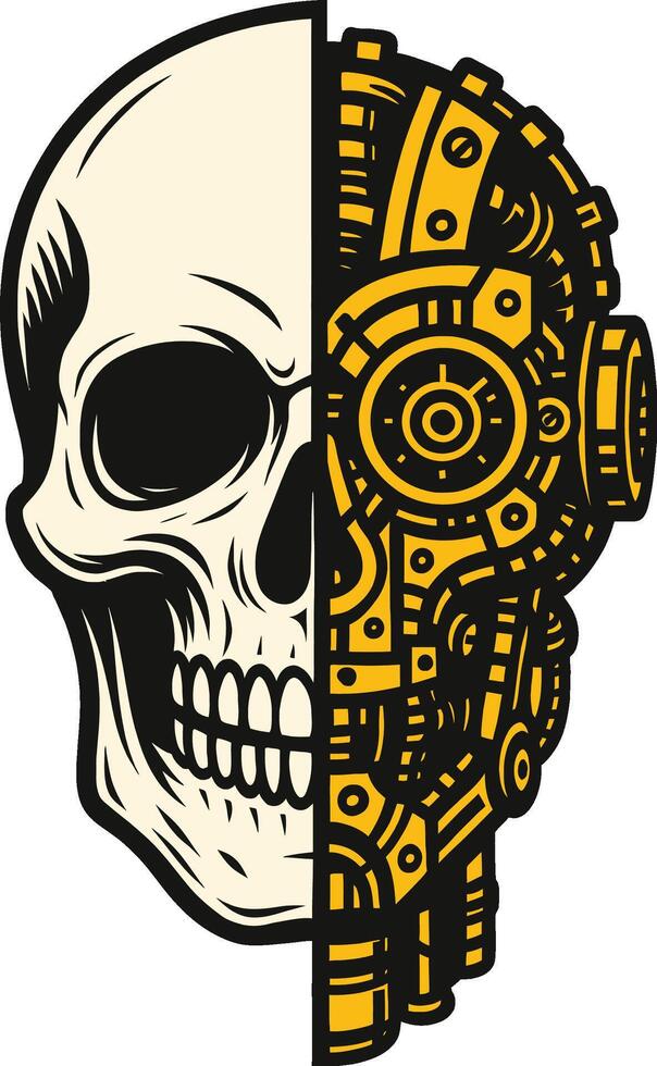 Half Skull Half Robotic Head Illustration vector