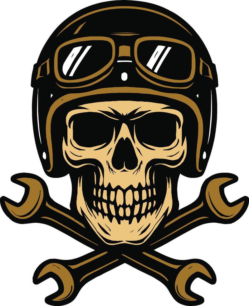 Vintage Biker Skull with Helmet and Crossed Wrenches vector