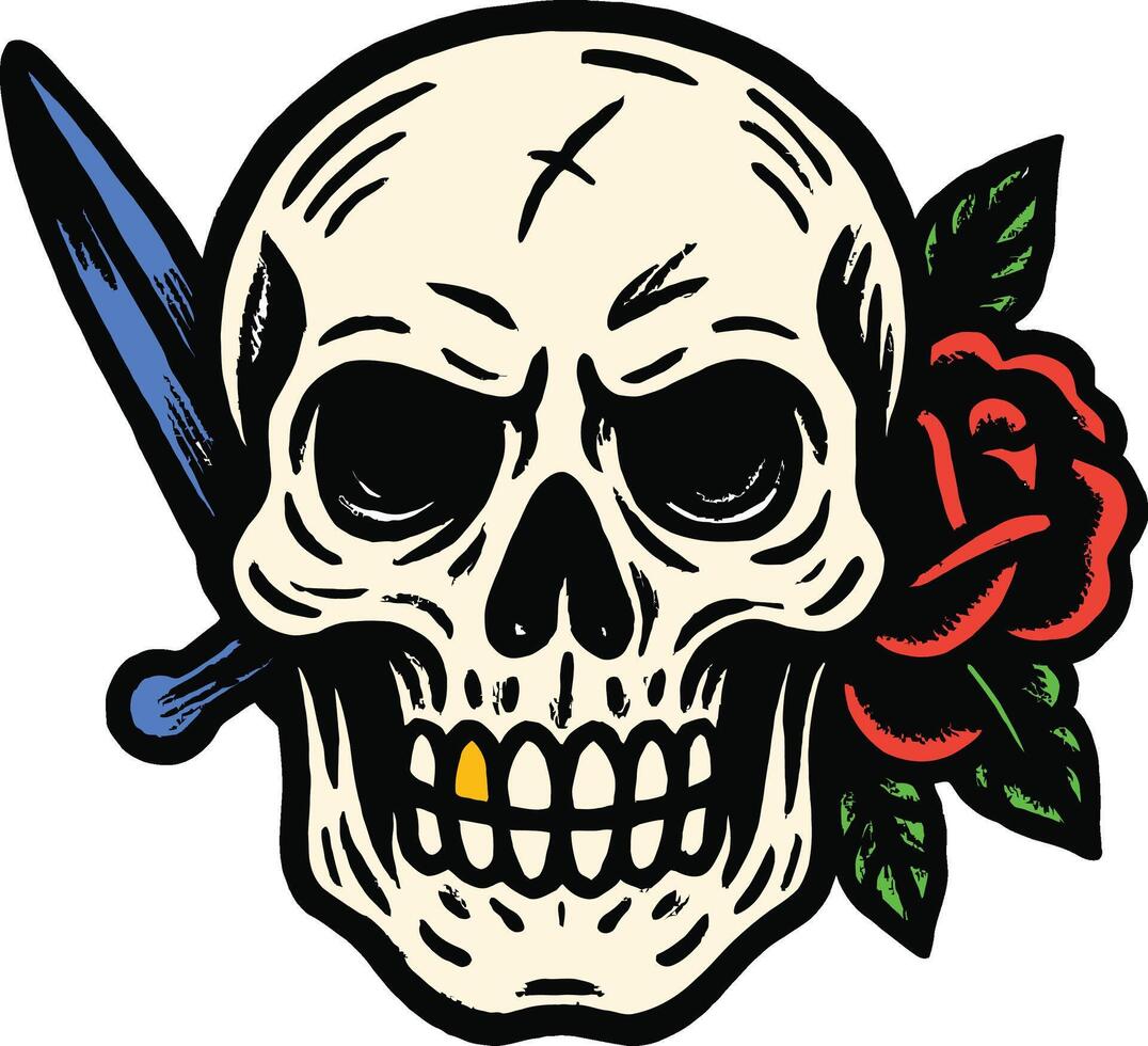 Classic Vintage Tattoo Skull with Dagger and Rose vector