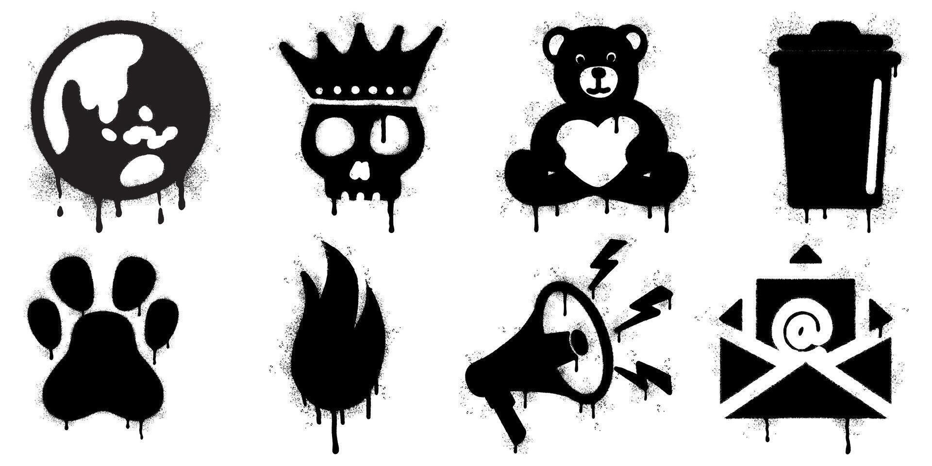 Graffiti Style Icon Collection. Dripping Spray Paint Stencil Symbols Set. including a melting globe, crowned skull, heart teddy bear, trash bin, paw print, flame, megaphone, and email envelope. vector