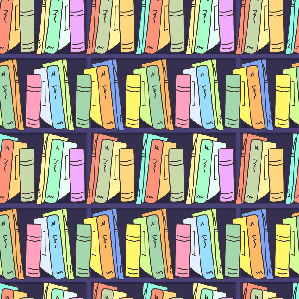 Seamless pattern of a wall-mounted bookcase. Background of bright hand-drawn stacks of books. School library, fairy-tale background for textiles, packaging, stationery, signs, and banners. vector