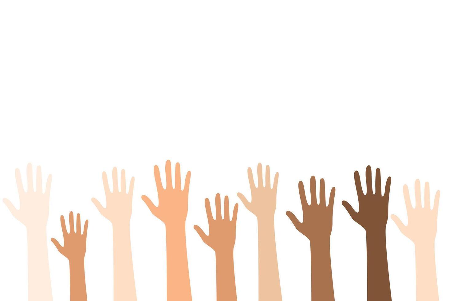 Set of hands raised up. People's hands with different skin color vector