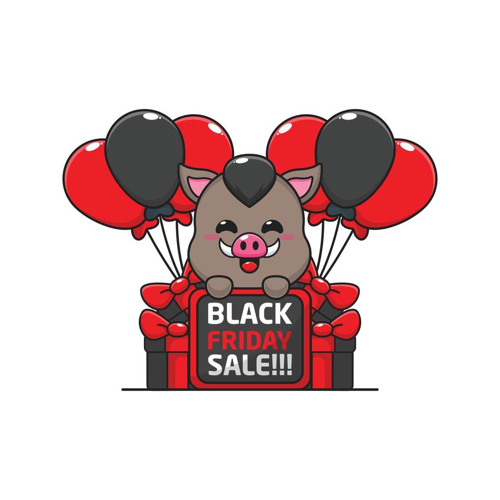 cute boar happy in black friday sale cartoon illustration vector