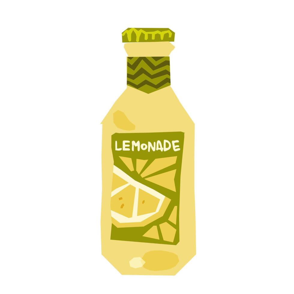 Lemonade Bottle Flat Illustration. Yellow lemonade bottle with geometric lemon slice label and green patterned cap. Flat cartoon style in warm tones on white background. vector