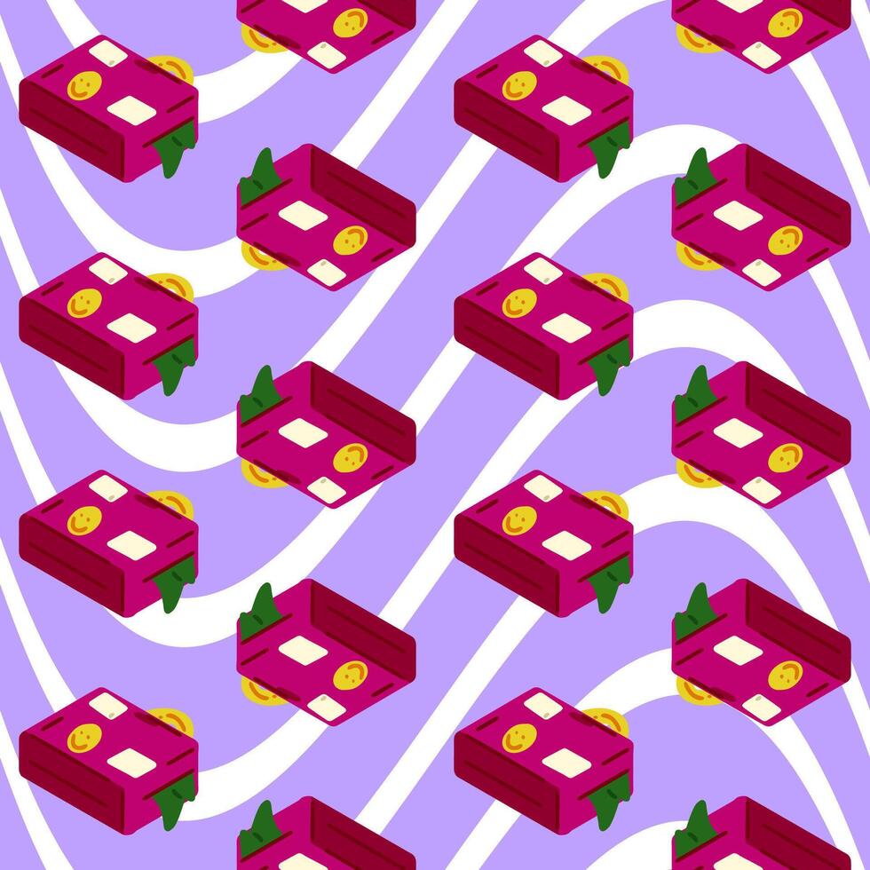 Seamless Cartoon Travel Suitcase Pattern. Bright pink suitcases with stickers and clothes peeking out, arranged on a wavy purple and white background. Seamless cartoon-style pattern with travel theme. vector