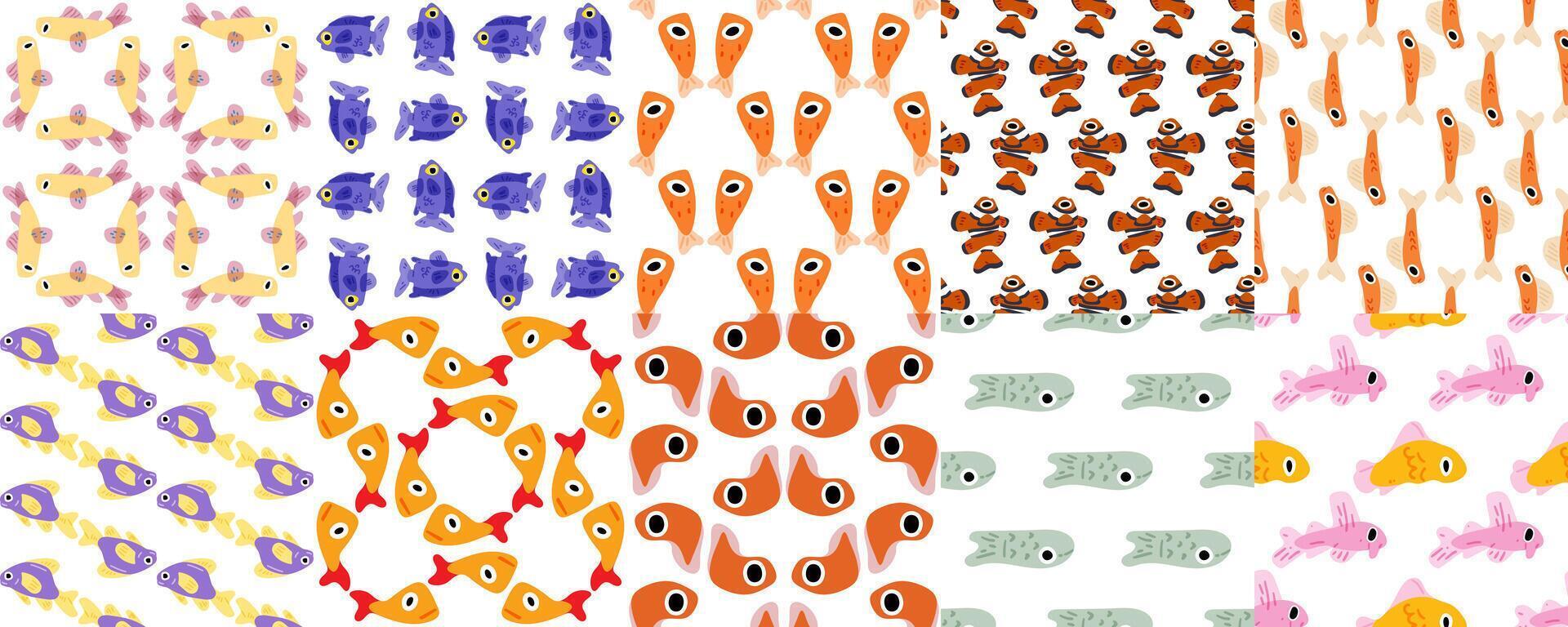 Seamless Cartoon Fish Pattern Collection. Ten seamless patterns with colorful cartoon fish in various shapes and colors. Flat underwater designs on white background with playful marine mood. vector