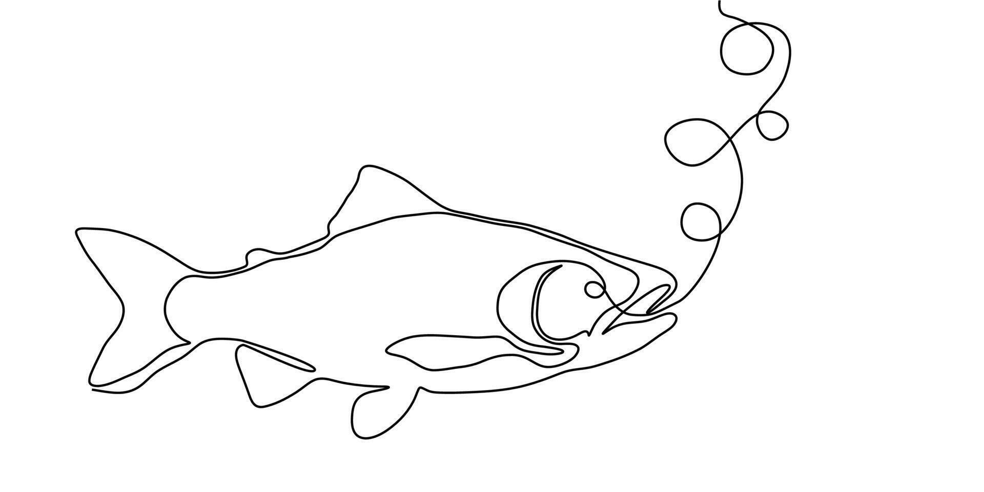 Salmon line fish continuous art icon tuna drawing trout seafood. Line fish salmon hand one simple outline illustration water type food hook linear sea fin pond day sketch silhouette logo ocean. vector