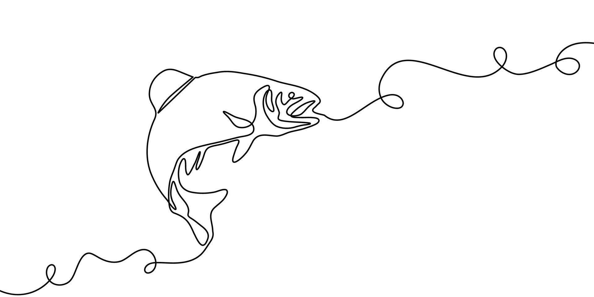 Line fish salmon continuous art icon tuna drawing trout seafood. Fish salmon line one simple hand outline illustration water type food hook linear sea fin pond day sketch silhouette logo ocean. vector