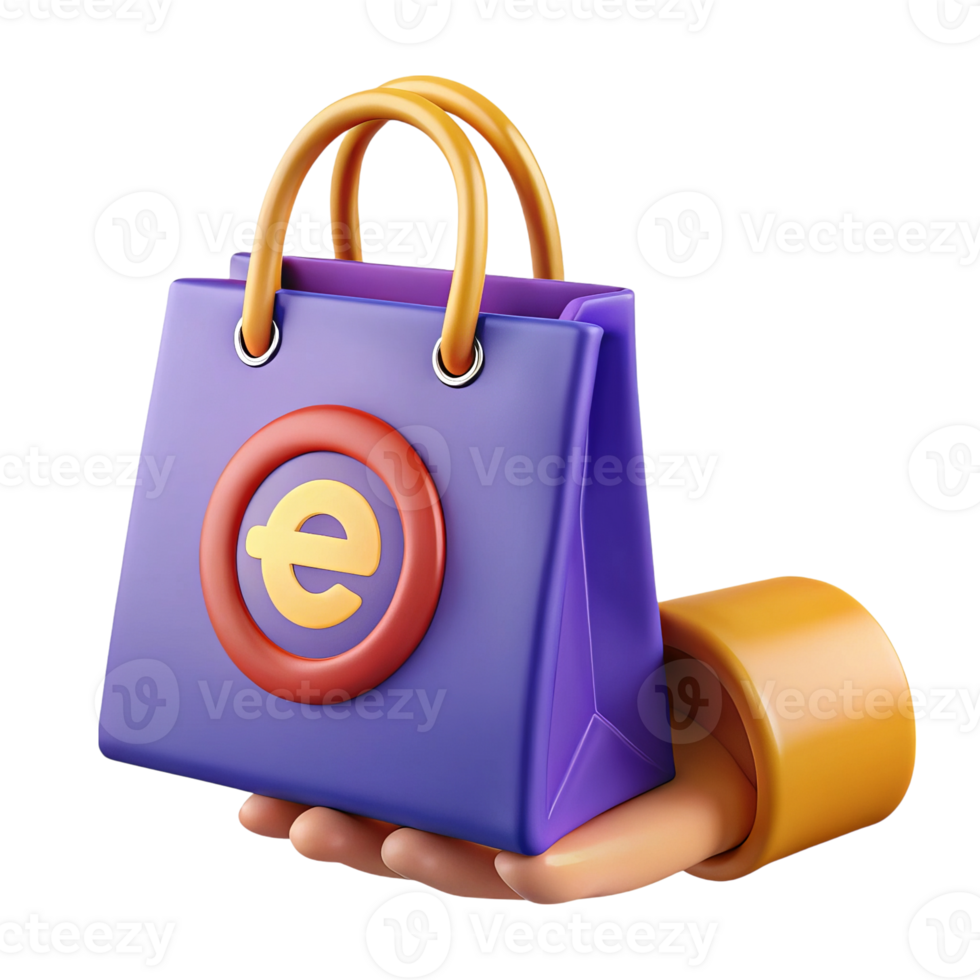 3d render of hand holding purple shopping bag with euro symbol isolated on transparent background png