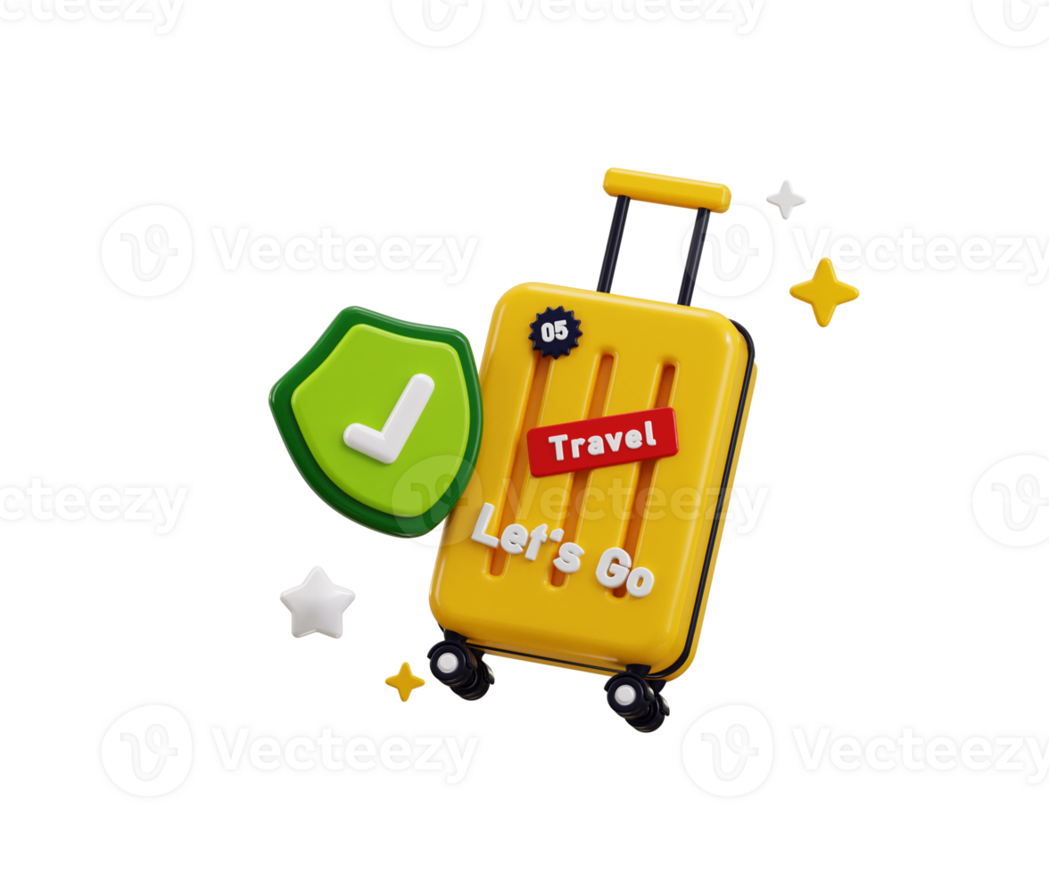 Protect shield with luggage icon 3d render concept of Travel Insurance suitcase standing beside a security shield Travel and Tourism icon illustration png