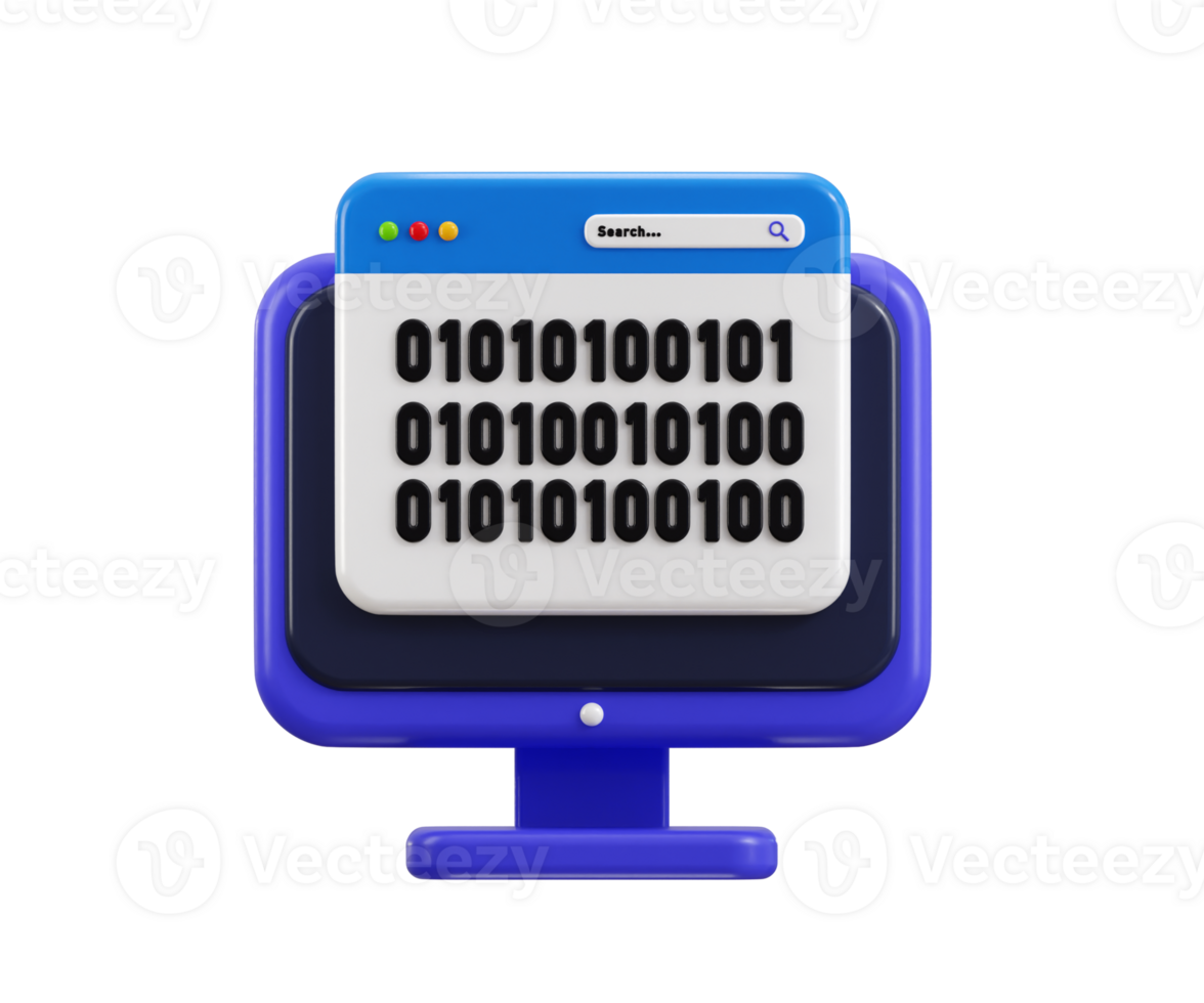 Desktop Binary Code icon 3d render concept of computer monitor displaying binary code software testing icon illustration png