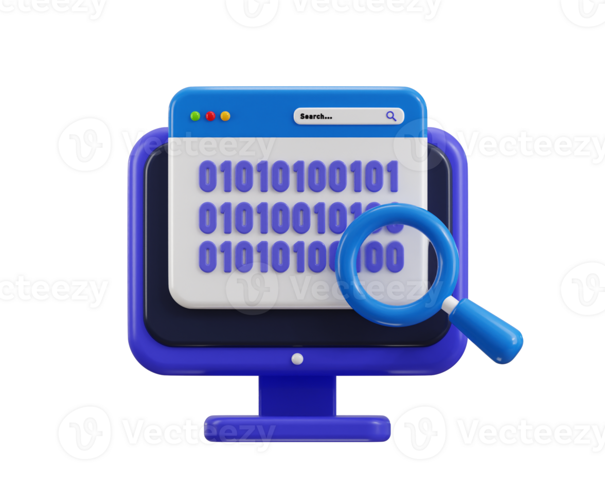 Desktop Binary Code Search icon 3d render concept of computer monitor displaying binary code with a magnifying glass symbolizing of code search and analysis icon illustration png