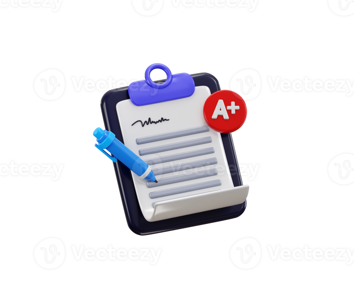 Exam grade board with paper on A plus score icon 3d render concept of academic exam paper for graduation student, school student paper icon illustration png