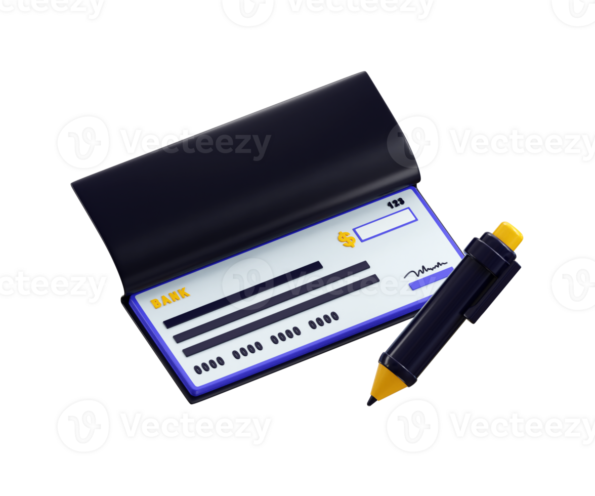 Bank check book with pen icon 3d render concept of banking transaction passbook, bank check payment online financial business transaction icon illustration png