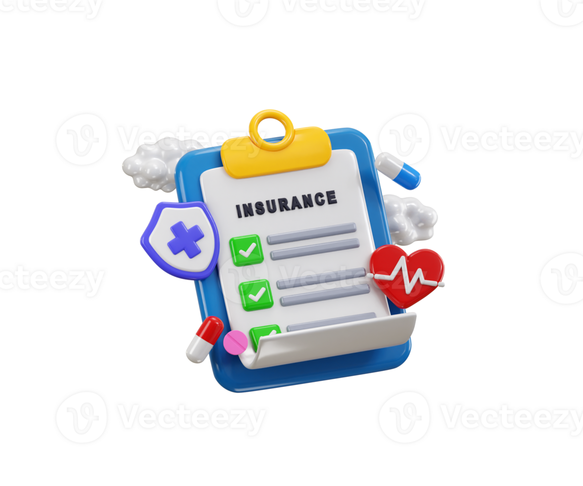 Health insurance icon 3d render concept of Life insurance, family health care protection, Big clipboard with document checklist Healthcare, finance and medical service icon illustration png