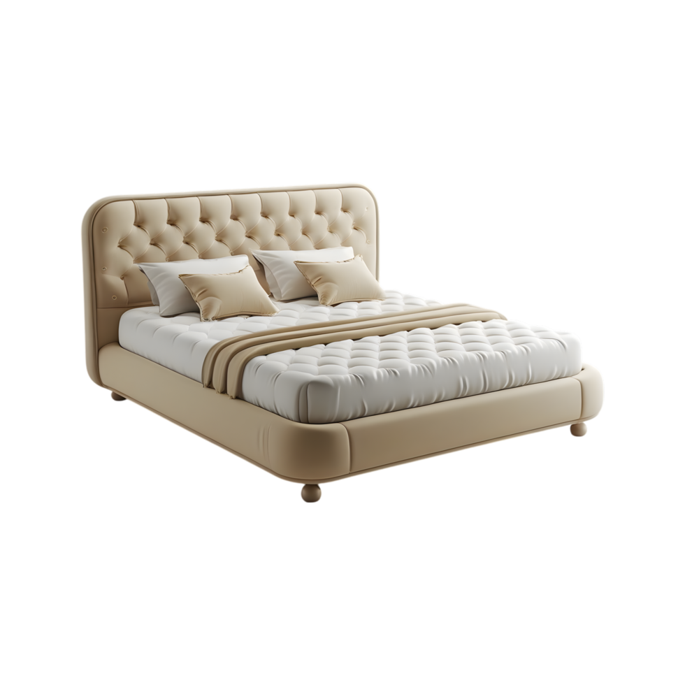 Soft Beige Bed with Pillows and Quilted Mattress png
