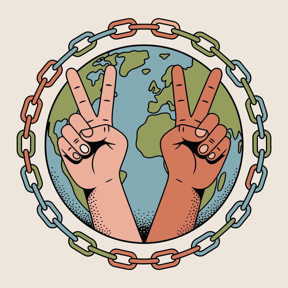 Two hands making peace signs in front of a globe encircled by chain links vector