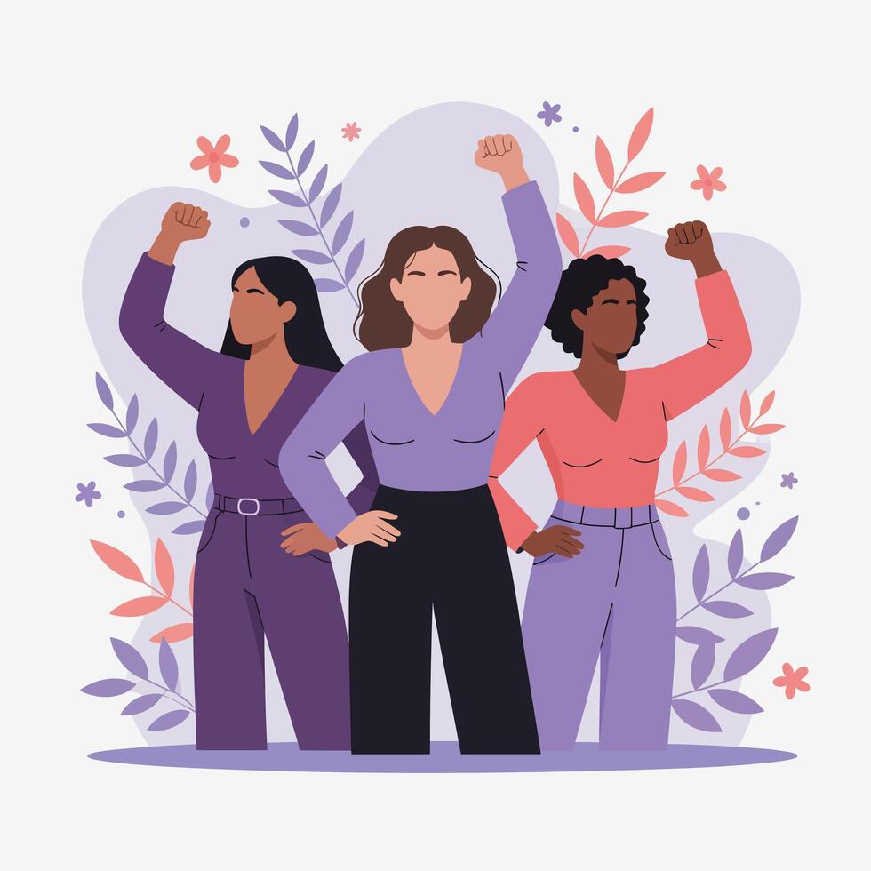 Three women with raised fists in purple and coral clothing with floral elements vector