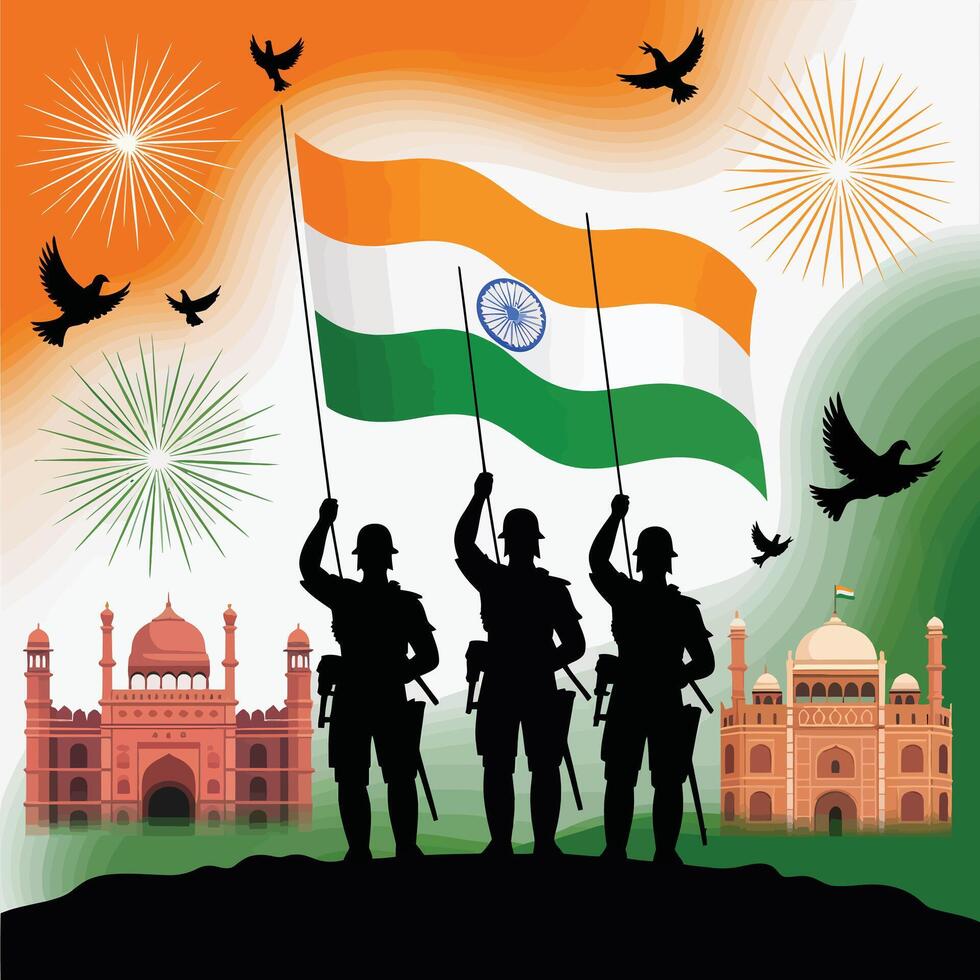 Indian Independence Day Illustration with Soldiers Holding Flag and Monuments vector