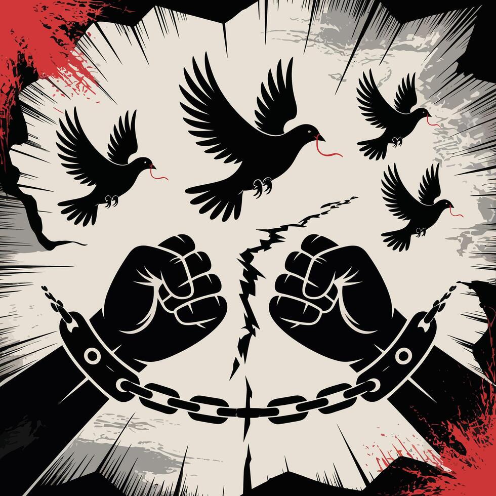 Black doves with red ribbons flying above breaking chains and fists vector