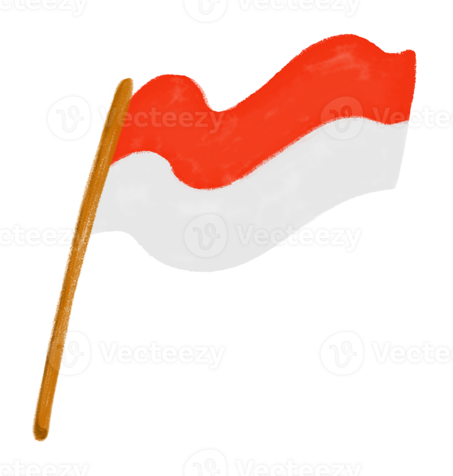 Wavy and fluttering indonesian flag on a stick. png