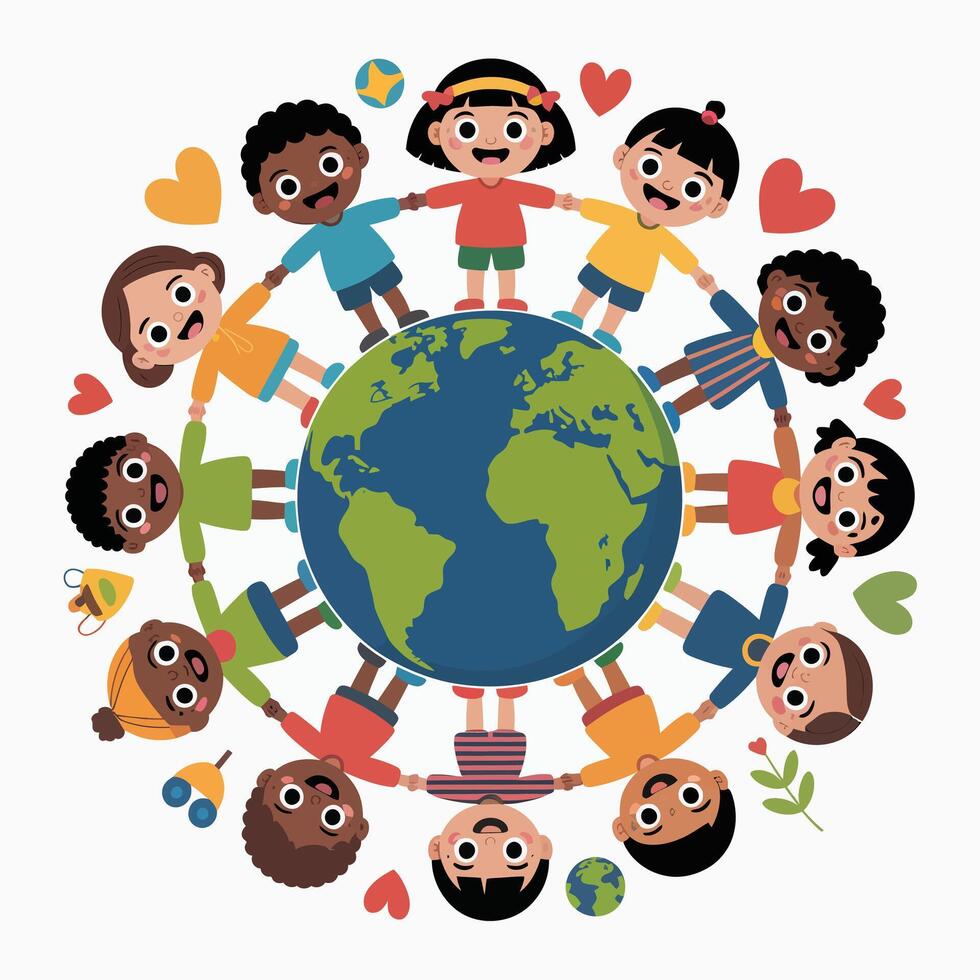 Children Holding Hands Around Earth Globe with Hearts and Decorative Elements vector