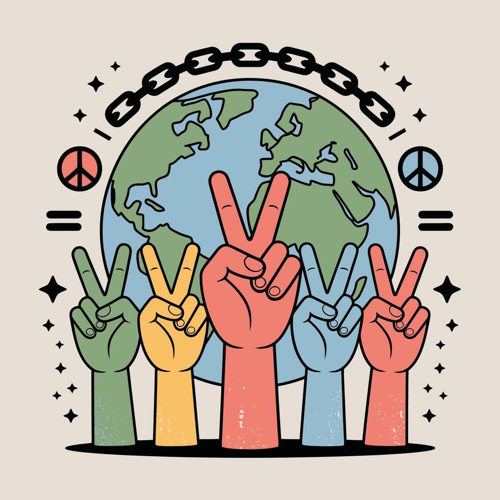 Colorful hands making peace signs around a globe with chain vector