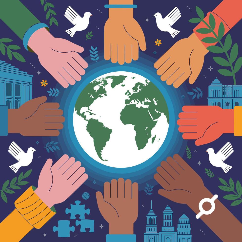 Diverse Hands Around Earth Dove Symbols and Buildings Illustration vector