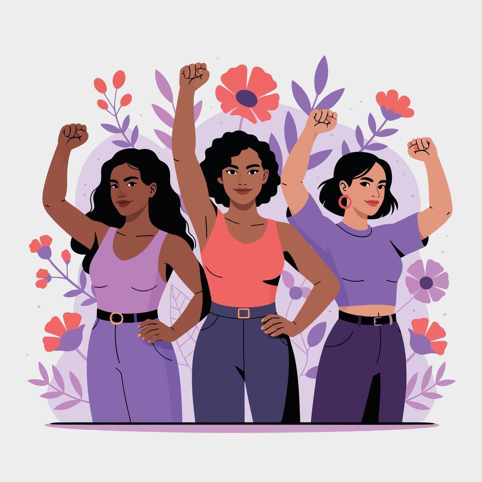 Three women with raised fists in front of floral background illustration vector