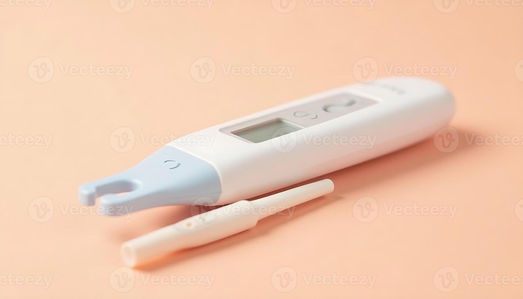 Modern Digital Thermometer with Probe on Peach Background, Close-Up photo