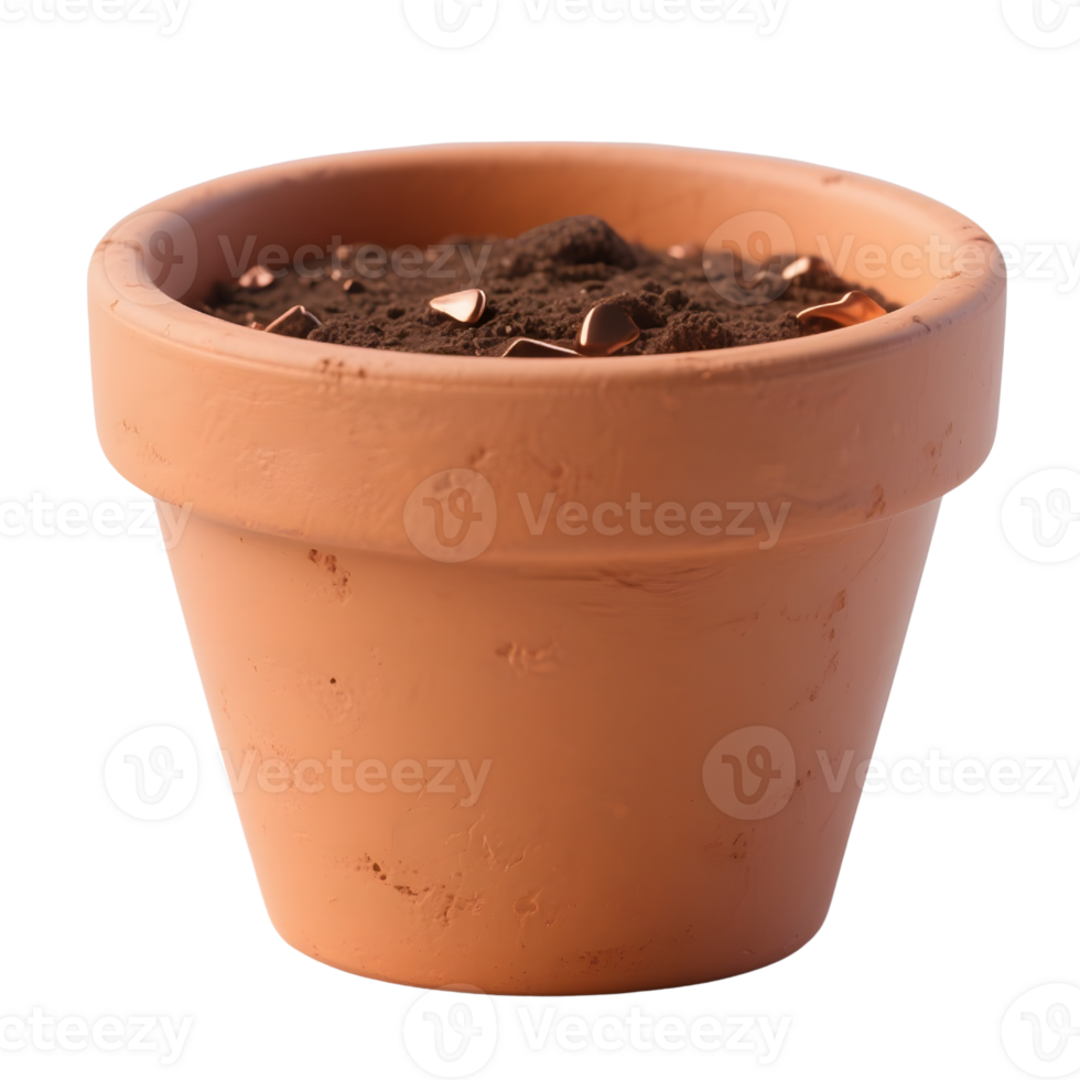 A terracotta pot filled with soil isolated on transparent background png