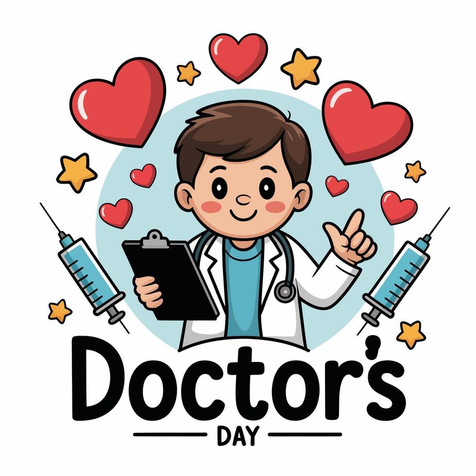 Cartoon Doctor with Hearts Stars Syringes and Doctor's Day Text vector